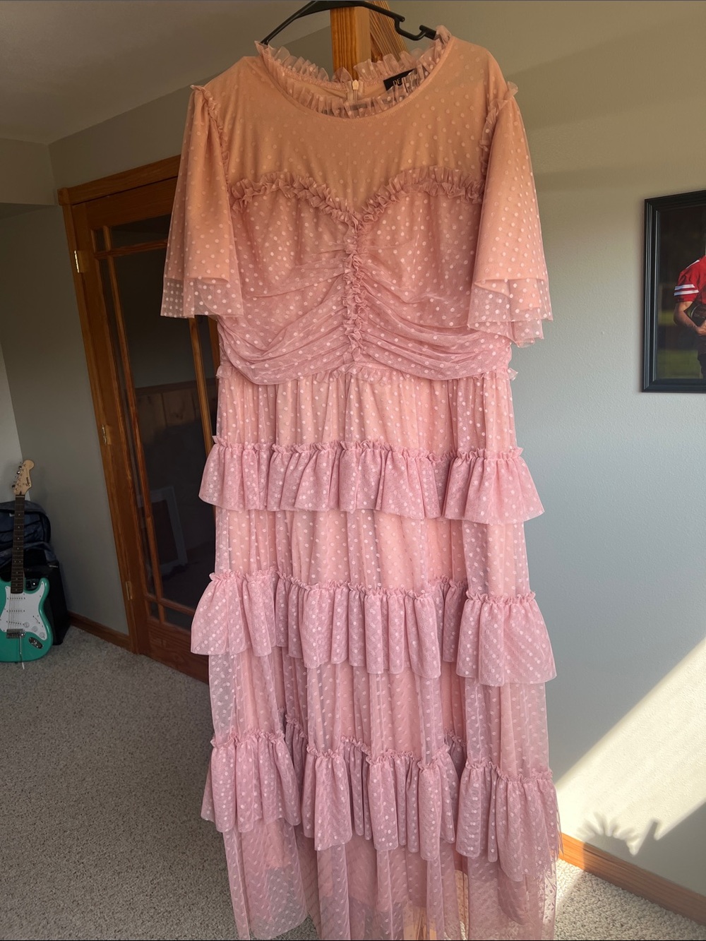Deauville Blush Pink Dotted Ruffle Midi Dress